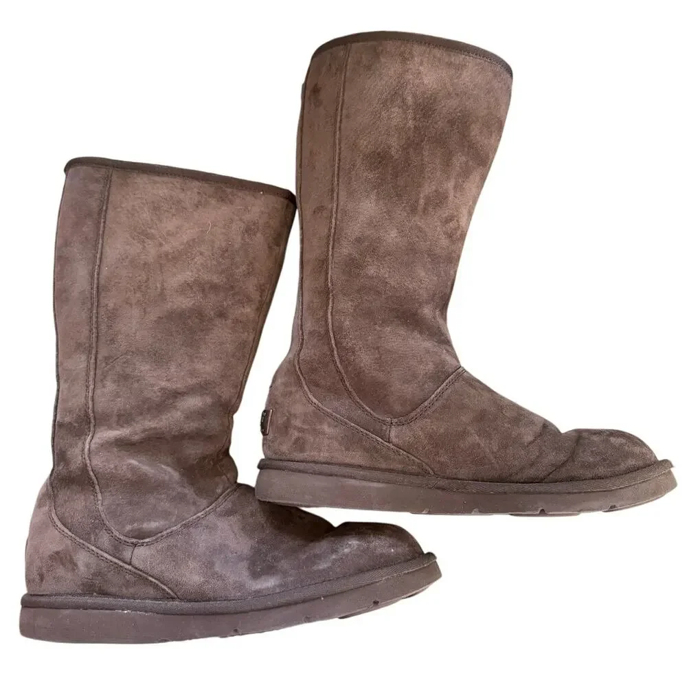 Vintage Y2K Tall Knightsbridge Brown Below Knee Suede Shearling Back Zip Boots